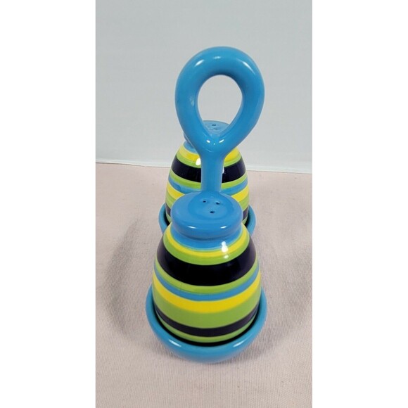 Ceramic Salt & Pepper Shakers with Holder- Blue green yellow multicolor - Picture 5 of 10